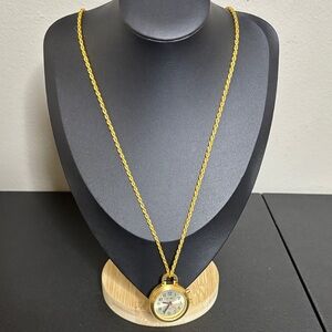 Vtg Tel Time Watch Pendant Necklace Women 34mm Gold Tone Needs Battery
